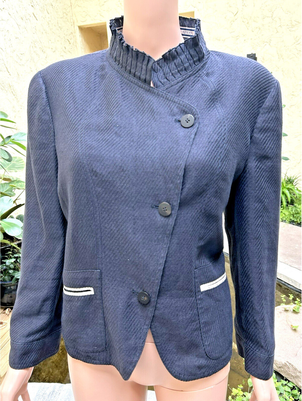 Vintage Armani Collezioni Navy Blue Linen Blend Blazer Jacket US 12 IT 48